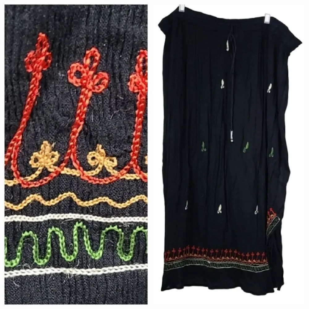 Roaman's Embroidered Black Crepe Broomstick Skirt Midi Maxi Long Peasant Vintage